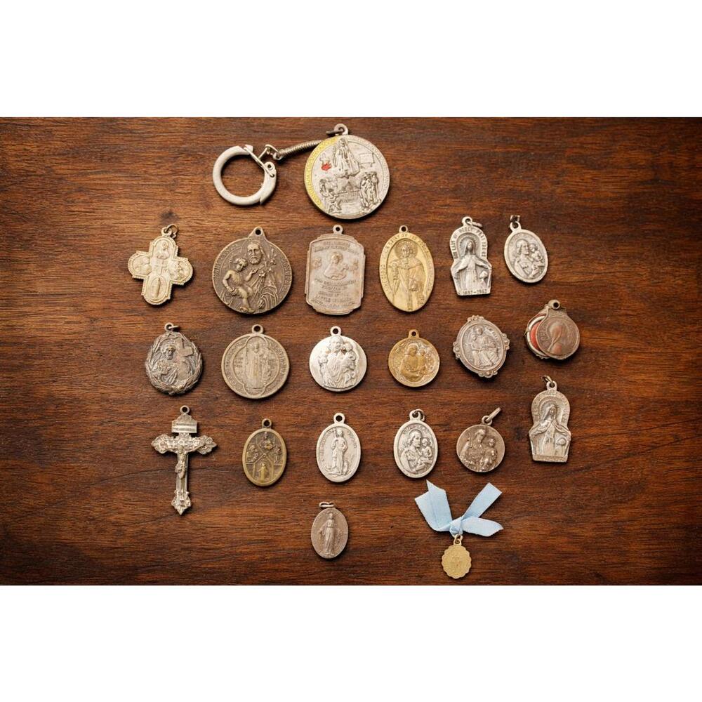 Vintage Catholic Religious Medal Lot Cross Saints Italy Devotional Mixed